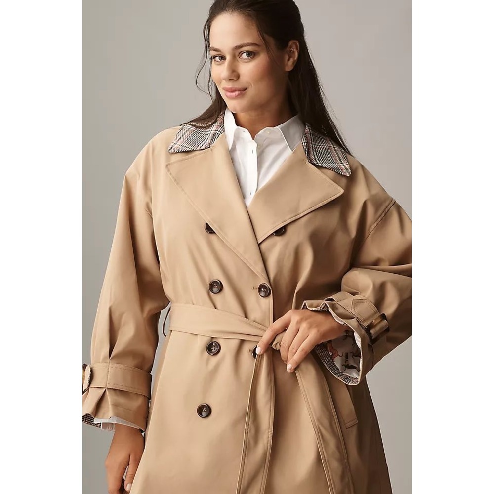 Maeve Anthropologie Tan Plaid Collar Dog Print Lining Trench Coat Medium